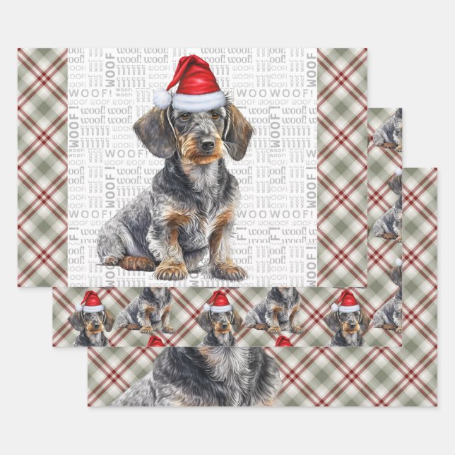 Wirehair Dachshund Dog Red Plaid Christmas Wrapping Paper Sheets (Set)