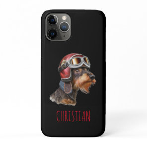 Wirehair Dachshund Dog with Biker Helmet iPhone 11 Pro Case