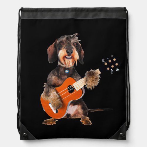 Wirehair Dachshund Playing Acoustic Guitar Drawstring Bag