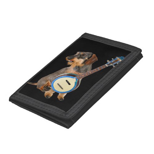 Wirehair Dachshund Playing Banjo Trifold Wallet