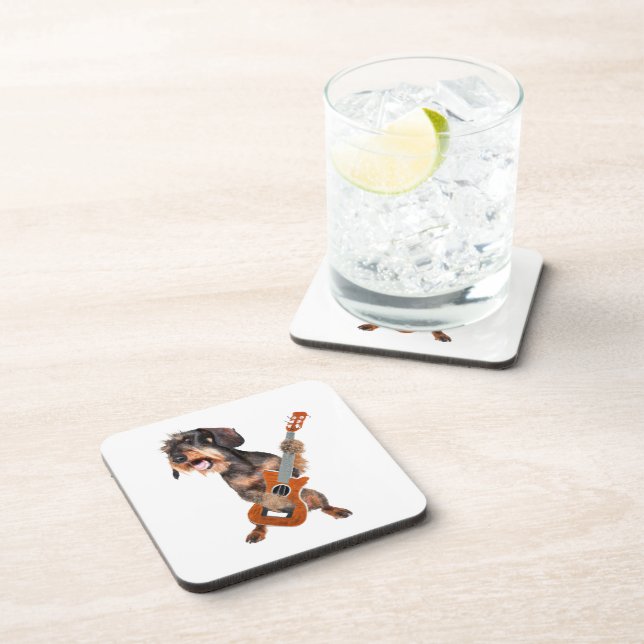 Wirehair Dachshund Playing Guitar Beverage Coaster (Right Side)