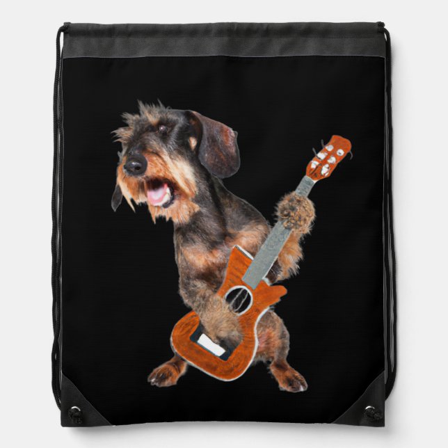 Wirehair Dachshund Playing Guitar Drawstring Bag (Front)