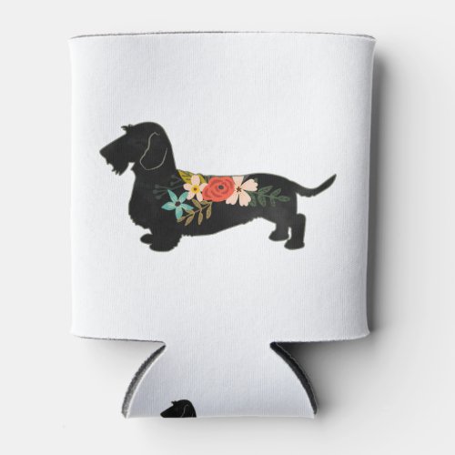 Wirehaired Dachshund Bohemian Floral Silhouette Can Cooler
