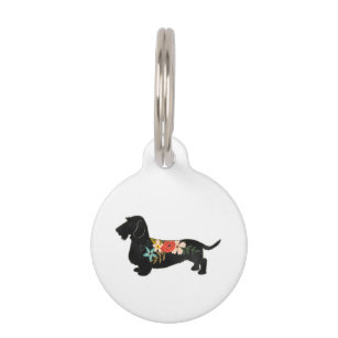 Wirehaired Dachshund Bohemian Floral Silhouette Pet ID Tag