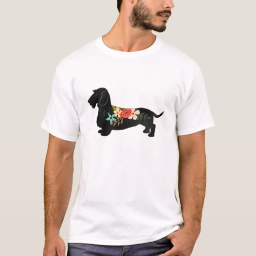 Wirehaired Dachshund Bohemian Floral Silhouette T_Shirt