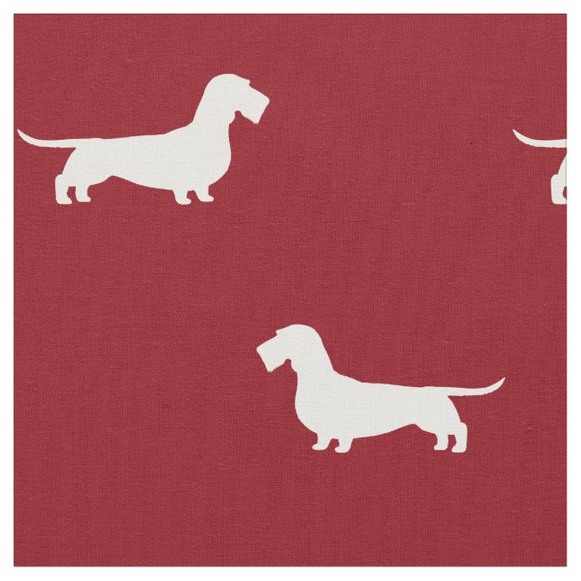 Wirehaired Dachshund Dog Silhouettes Pattern Red Fabric (Close Up)