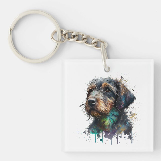 Wirehaired Dachshund Puppy Watercolor Art Keychain (Front)