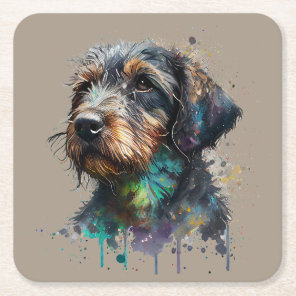 Wirehaired Dachshund Puppy Watercolor Art Square Paper Coaster
