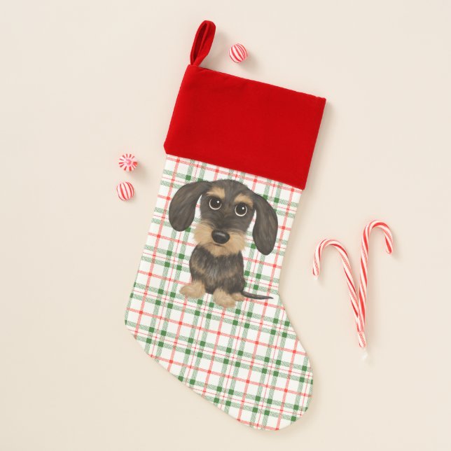 Wirehaired Dachshund Teckel Cute Dog Plaid  Christmas Stocking (Front)