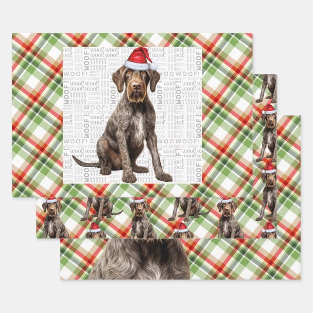 Wirehaired Pointer Christmas Dog Red Green Plaid Wrapping Paper Sheets (Set)