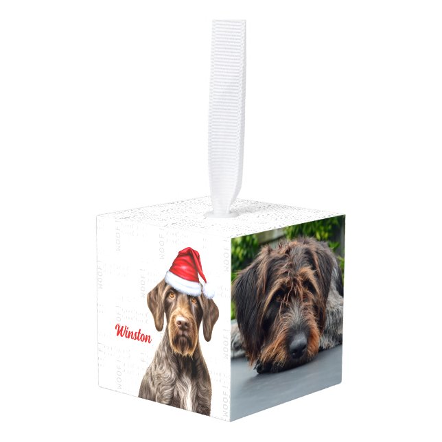 Wirehaired Pointer Dog Two Photo Christmas Holiday Cube Ornament (Front Angled)