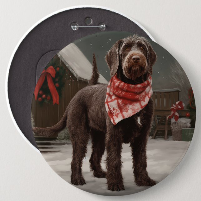 Wirehaired Pointing Dog in Snow Christmas Button (Front & Back)