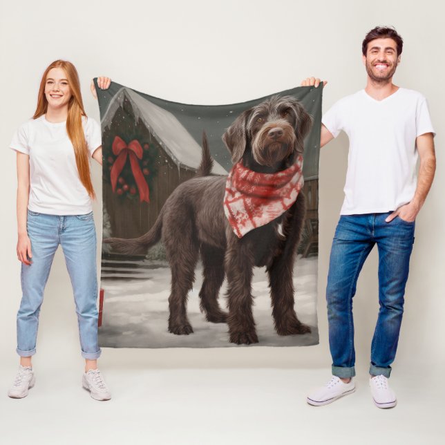 Wirehaired Pointing Dog in Snow Christmas Fleece Blanket (In Situ)