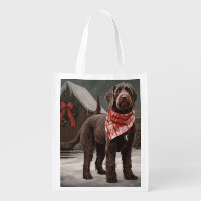 Wirehaired Pointing Dog in Snow Christmas Grocery Bag (Front)