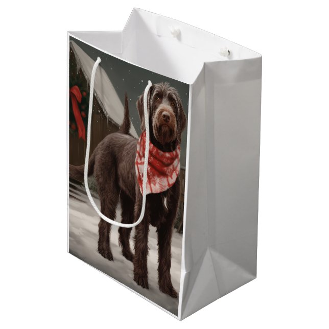 Wirehaired Pointing Dog in Snow Christmas Medium Gift Bag (Front Angled)