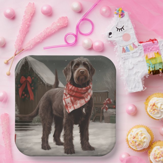 Wirehaired Pointing Dog in Snow Christmas Paper Plates (Party)