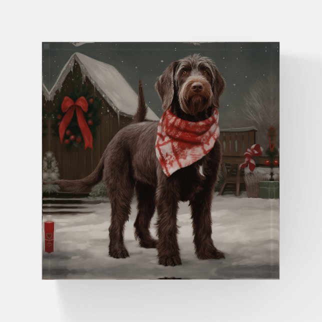 Wirehaired Pointing Dog in Snow Christmas Paperweight (Front)