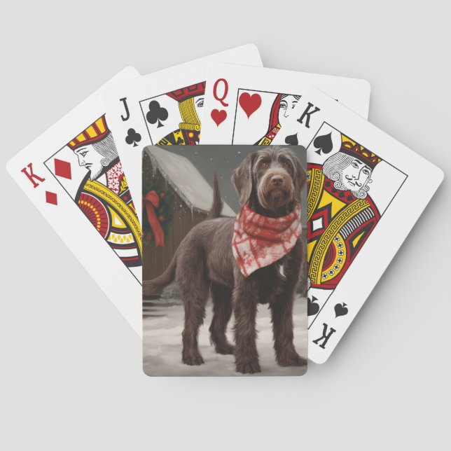 Wirehaired Pointing Dog in Snow Christmas Poker Cards (Back)