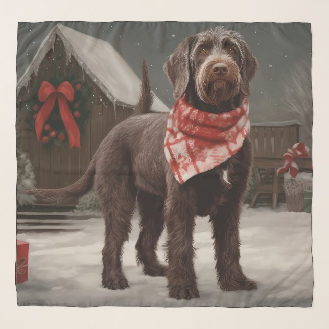 Wirehaired Pointing Dog in Snow Christmas Scarf (Front)