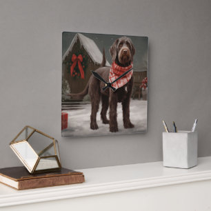 Wirehaired Pointing Dog in Snow Christmas Square Wall Clock