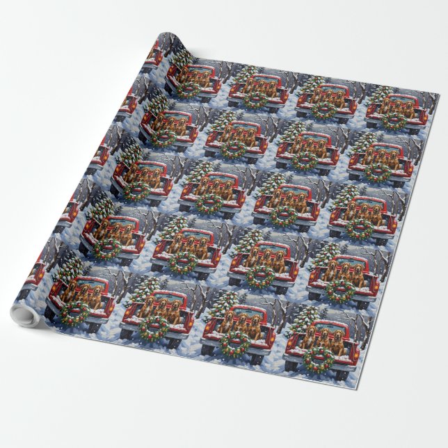 Wirehaired Pointing Griffon Christmas Red Truck Wrapping Paper (Unrolled)