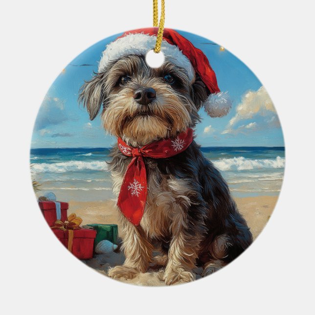 Wirehaired Pointing Griffon Dog Christmas Beach Ceramic Ornament (Front)
