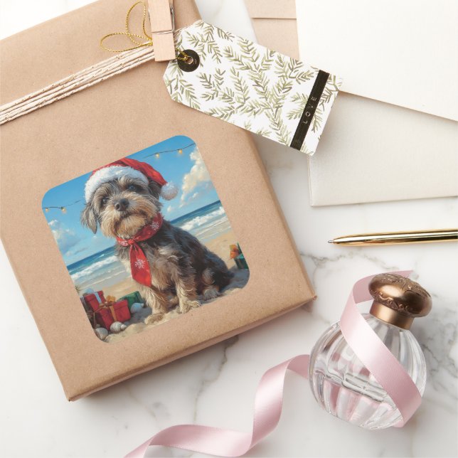 Wirehaired Pointing Griffon Dog Christmas Beach Square Sticker (Gifting)