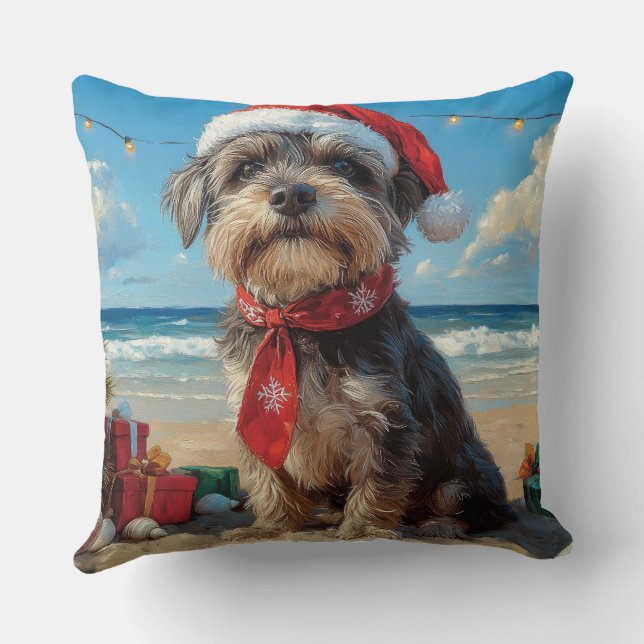 Wirehaired Pointing Griffon Dog Christmas Beach Throw Pillow (Back)