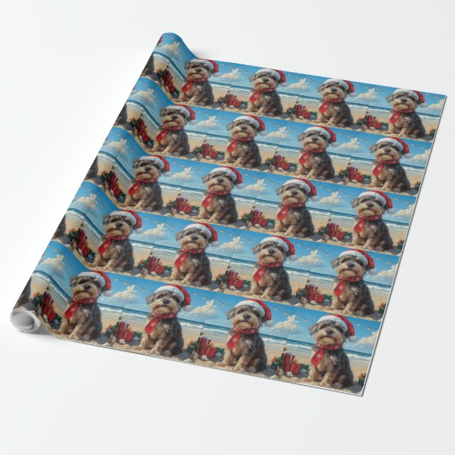Wirehaired Pointing Griffon Dog Christmas Beach Wrapping Paper (Unrolled)