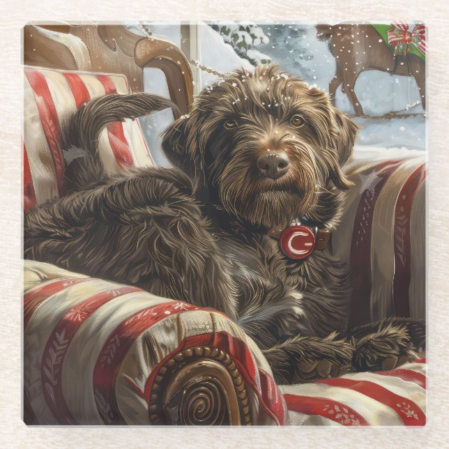 Wirehaired Pointing Griffon Dog Christmas Festive Glass Coaster (Front)