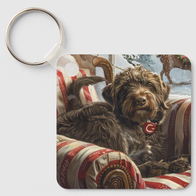 Wirehaired Pointing Griffon Dog Christmas Festive Keychain (Front)