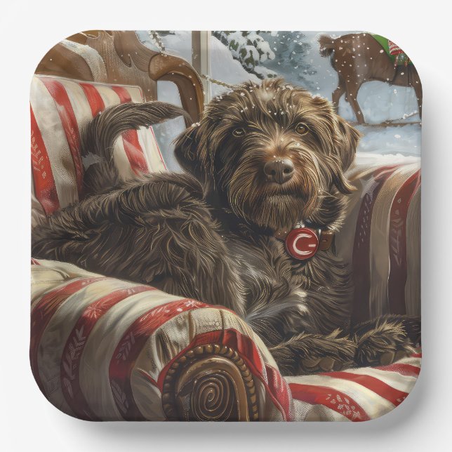 Wirehaired Pointing Griffon Dog Christmas Festive Paper Plates (Front)