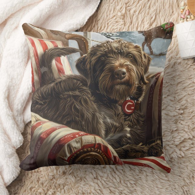 Wirehaired Pointing Griffon Dog Christmas Festive Throw Pillow (Blanket)