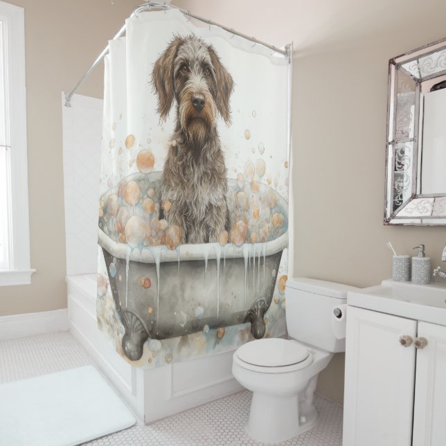 Wirehaired Pointing Griffon In Bathtub Watercolor Shower Curtain (In Situ)