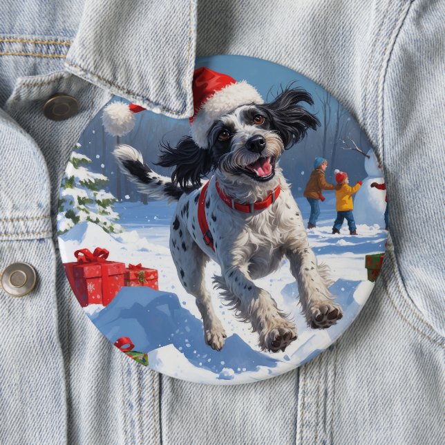 Wirehaired Pointing Griffon in Snow Christmas Hat Button (In Situ)