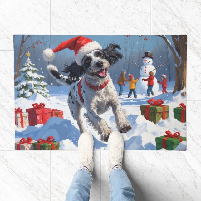 Wirehaired Pointing Griffon in Snow Christmas Hat Doormat (Indoor)