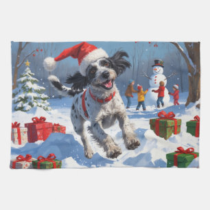 Wirehaired Pointing Griffon in Snow Christmas Hat Kitchen Towel