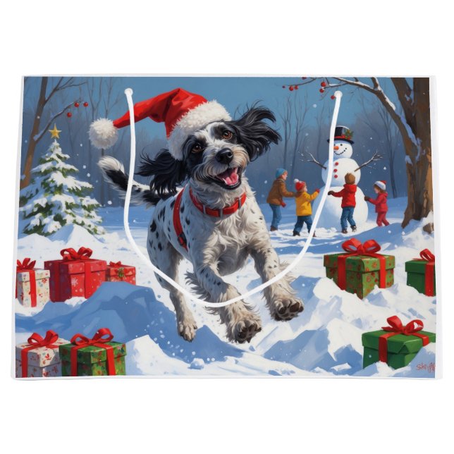 Wirehaired Pointing Griffon in Snow Christmas Hat Large Gift Bag (Front)