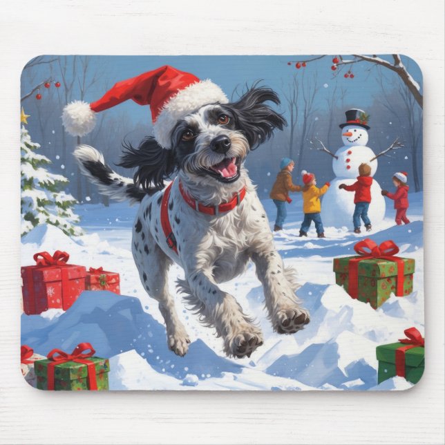 Wirehaired Pointing Griffon in Snow Christmas Hat Mouse Pad (Front)