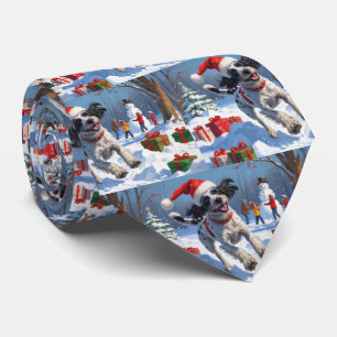 Wirehaired Pointing Griffon in Snow Christmas Hat Neck Tie