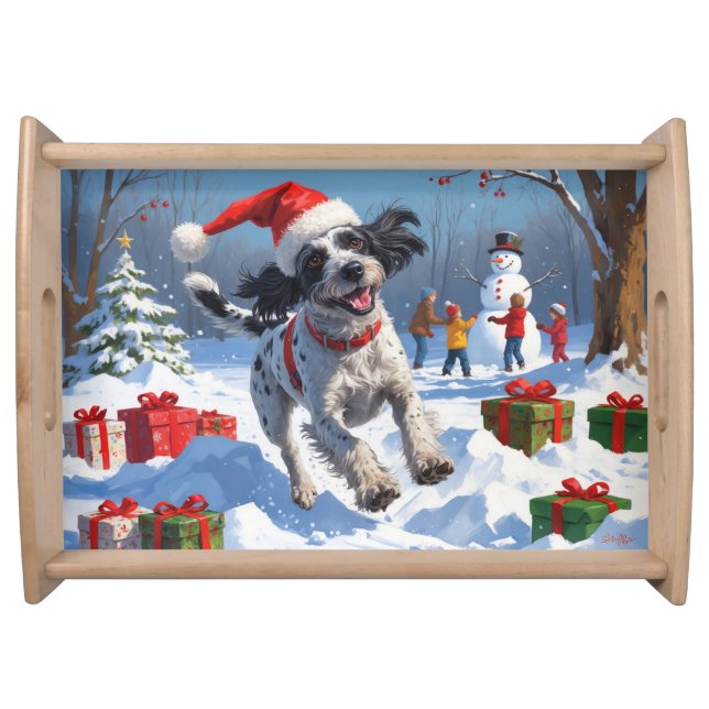 Wirehaired Pointing Griffon in Snow Christmas Hat Serving Tray (Front)