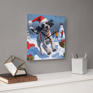 Wirehaired Pointing Griffon in Snow Christmas Hat Square Wall Clock