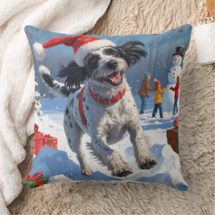 Wirehaired Pointing Griffon in Snow Christmas Hat Throw Pillow