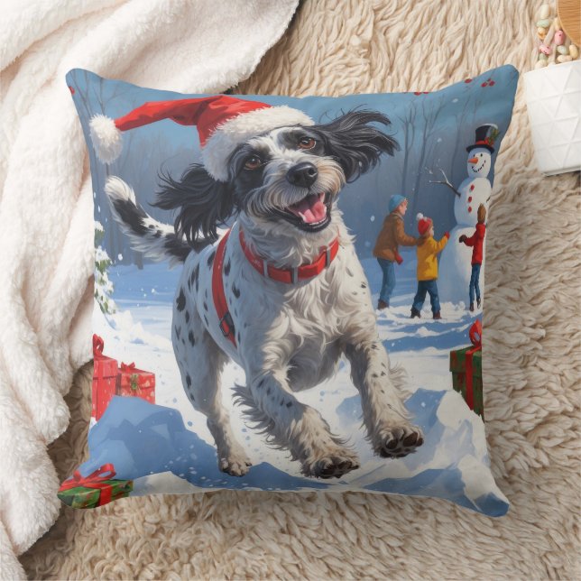 Wirehaired Pointing Griffon in Snow Christmas Hat Throw Pillow (Blanket)