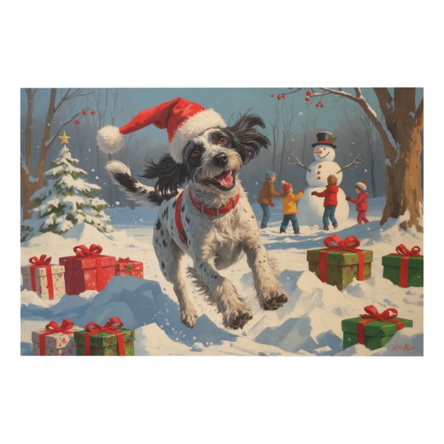 Wirehaired Pointing Griffon in Snow Christmas Hat Wood Wall Art (Front)