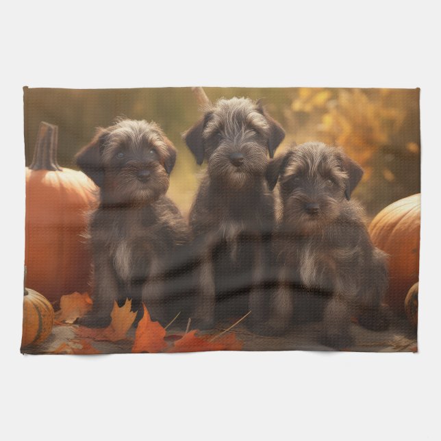 Wirehaired Pointing Griffon Puppy Autumn Kitchen Towel (Horizontal)
