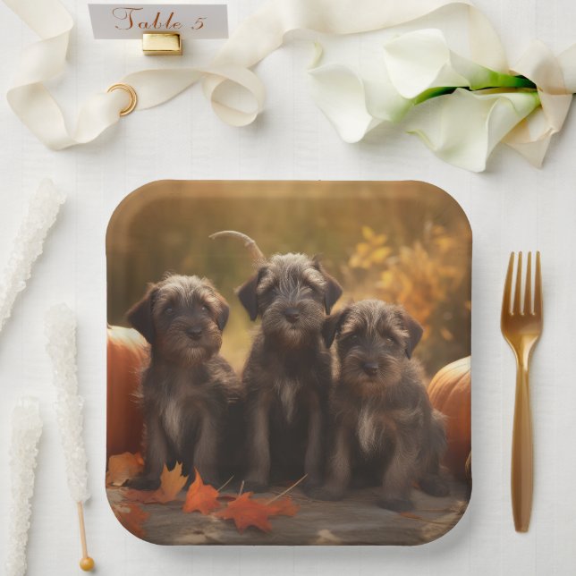 Wirehaired Pointing Griffon Puppy Autumn Paper Plates (Wedding)