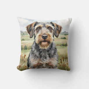 Wirehaired Pointing Griffon Watercolor Field  Throw Pillow