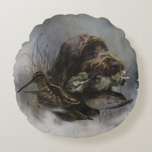 Wirehaired Pointing Griffon , Woodcock hunting   Round Pillow