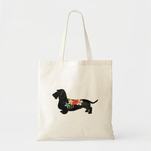 WirehaWired Dachshund Bohemian Floral Silhouette Tote Bag